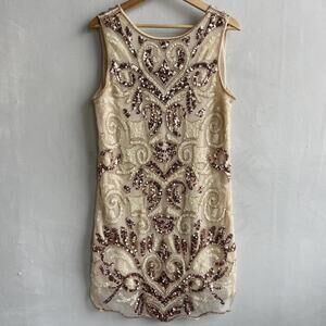 Endless Rose Women’s L Champagne Sequin Sheath Dress Art Deco Large Great Gatsby